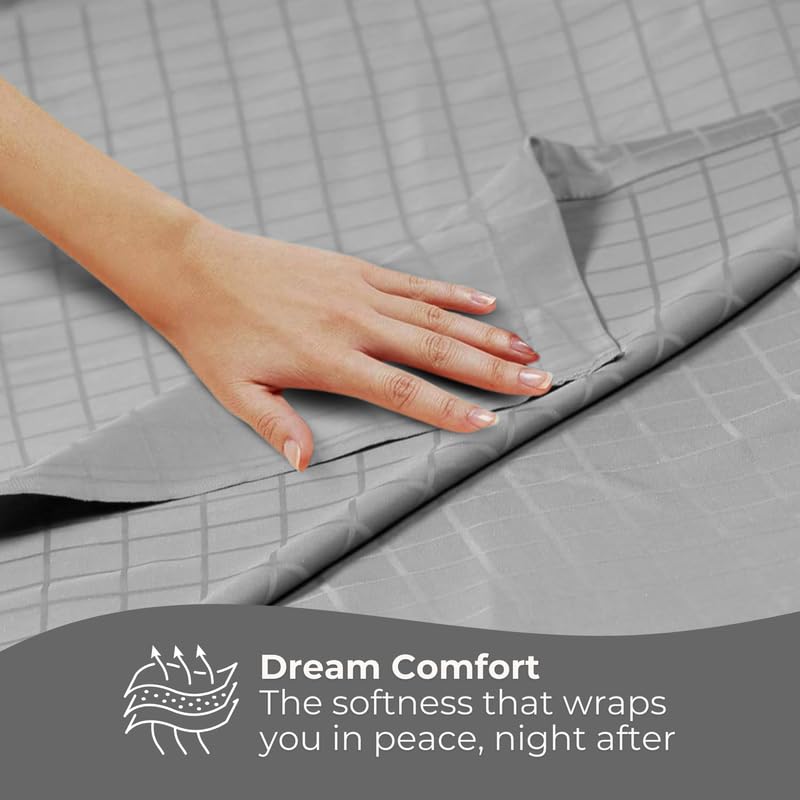 Dark Grey Window Checked Bedsheet with Pillow Cover