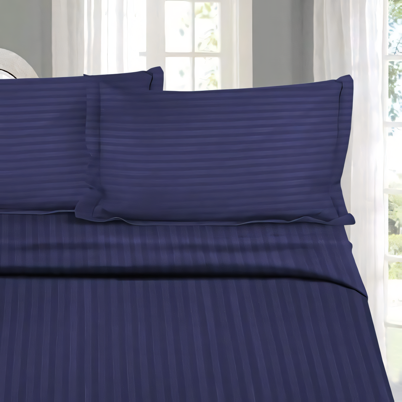 Navy Blue Stripe Design Bedsheet with Pillow Cover
