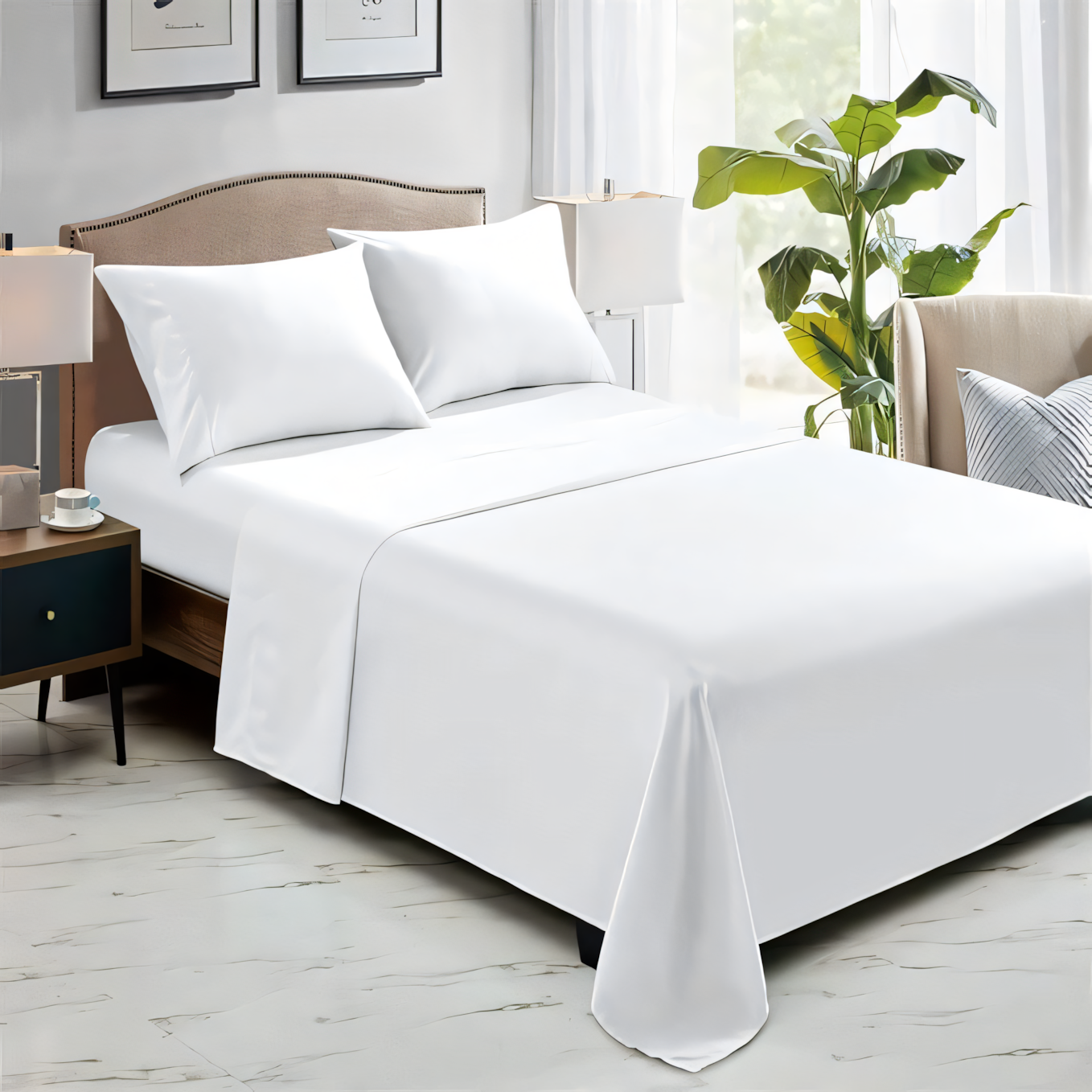 Percale 200 TC White Bedsheet with Pillow Cover