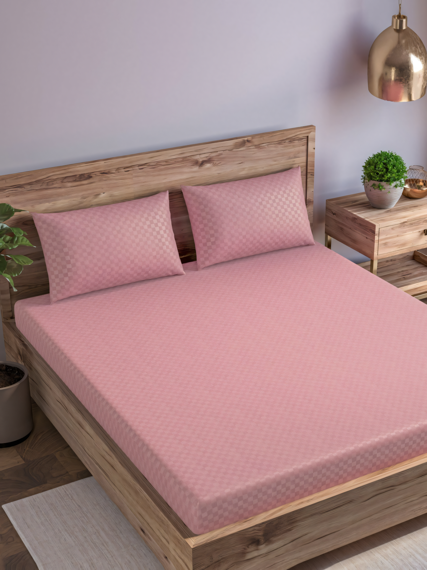 Dusty Rose Dobby Checked Bedsheet with Pillow Cover