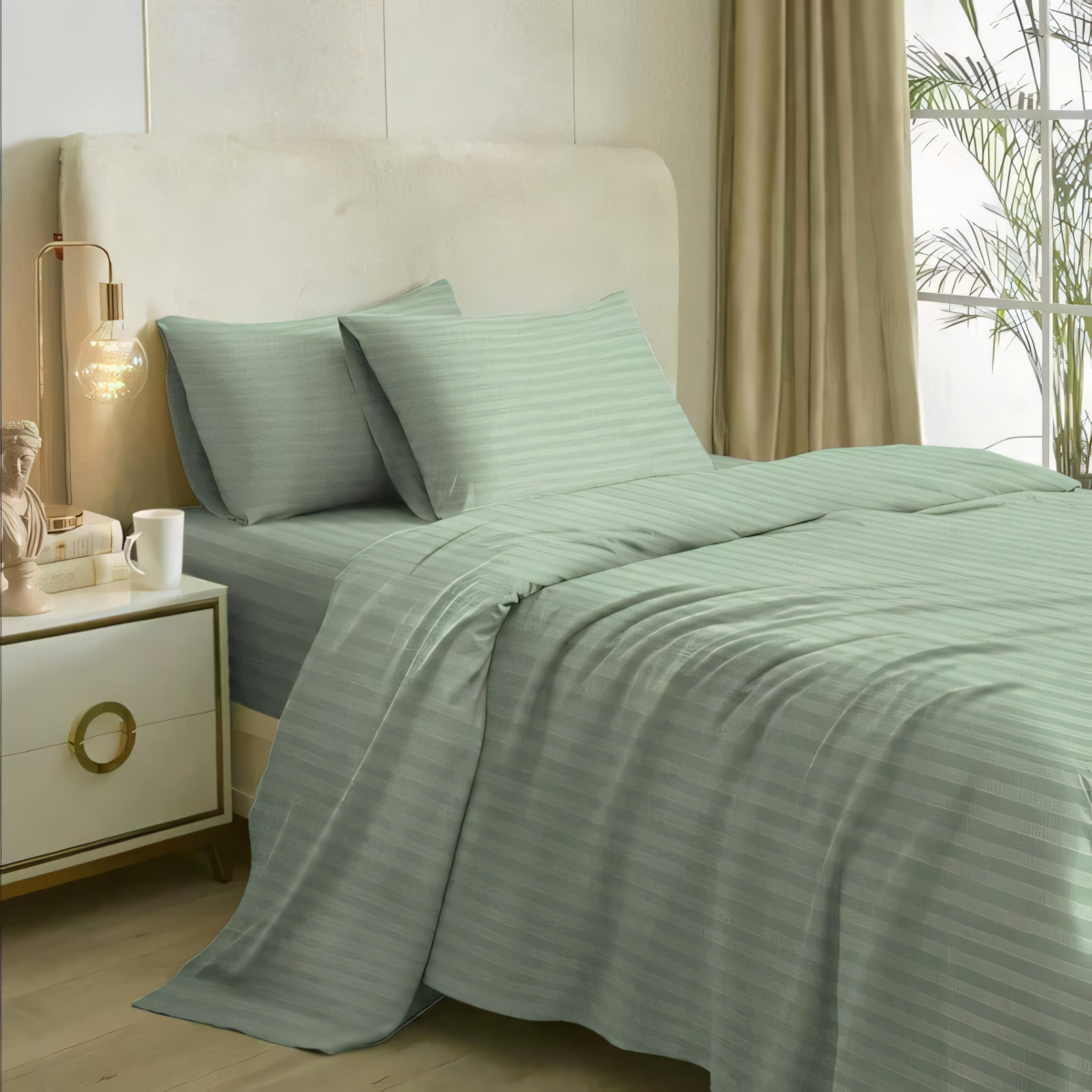Tea Green Stripe Design Bedsheet with Pillow Cover