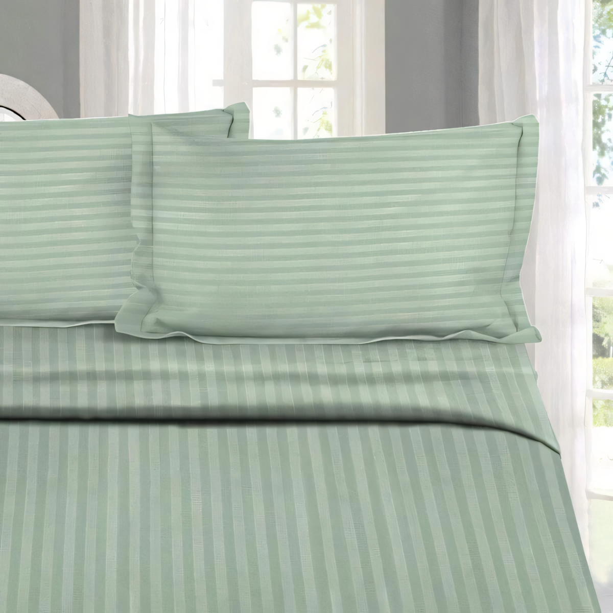 Tea Green Stripe Design Bedsheet with Pillow Cover