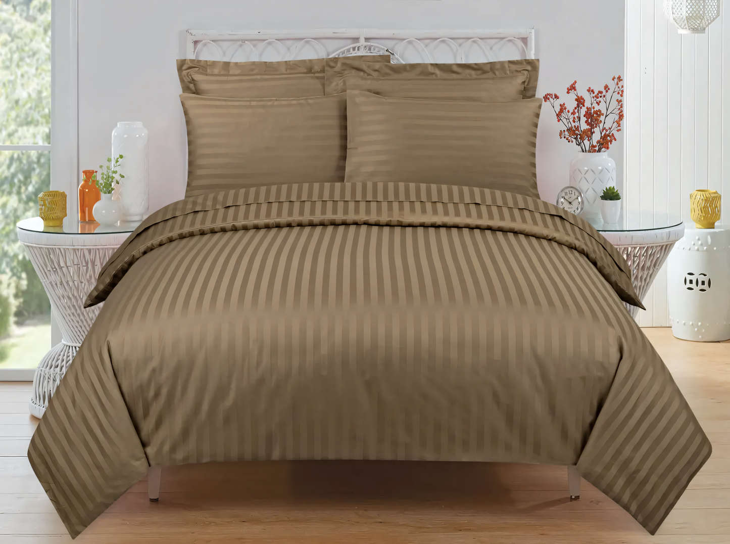 Taupe Stripe Design Bedsheet with Pillow Cover