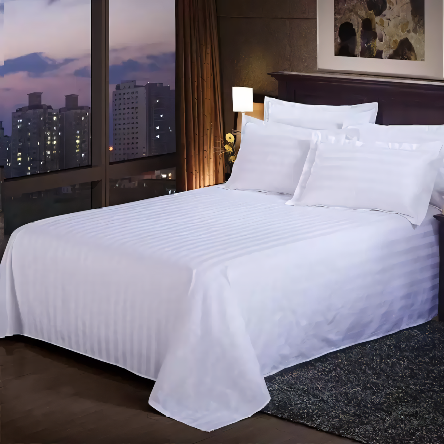 Satin Stripe 300TC White Bedsheet with Pillow Cover