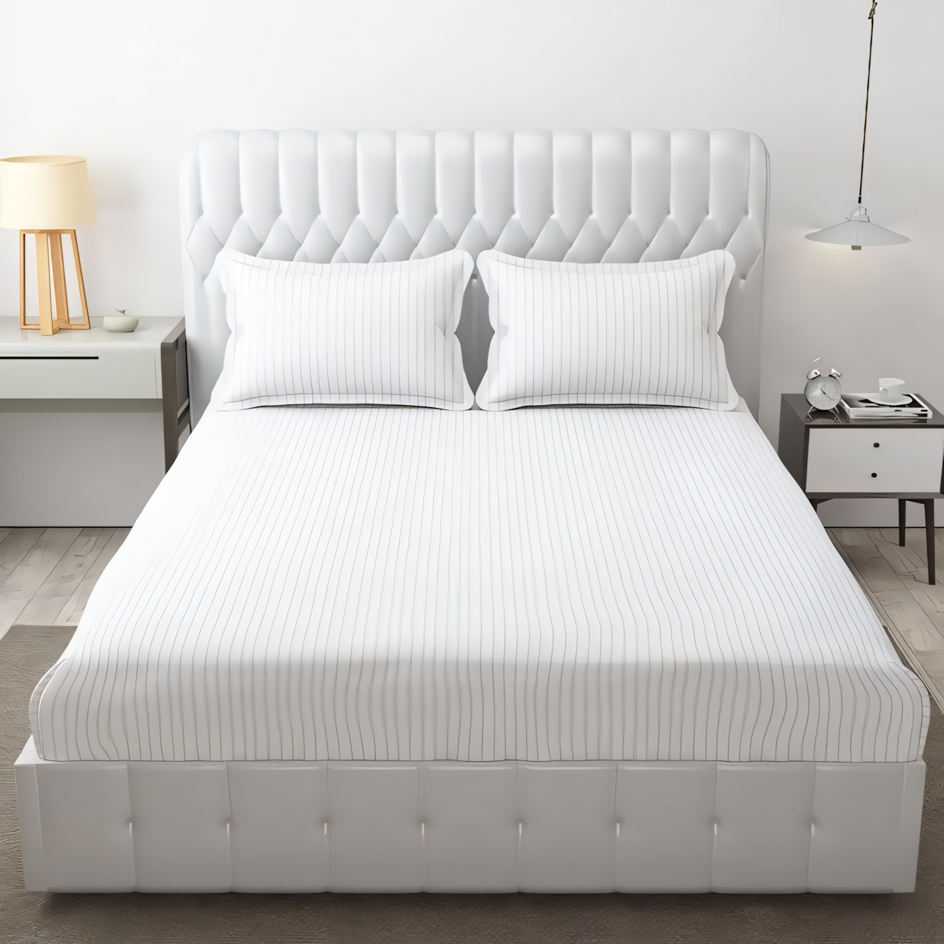 Satin Stripe 210TC White Bedsheet with Pillow Cover