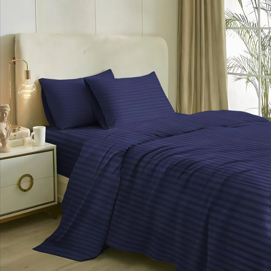Navy Blue Stripe Design Bedsheet with Pillow Cover