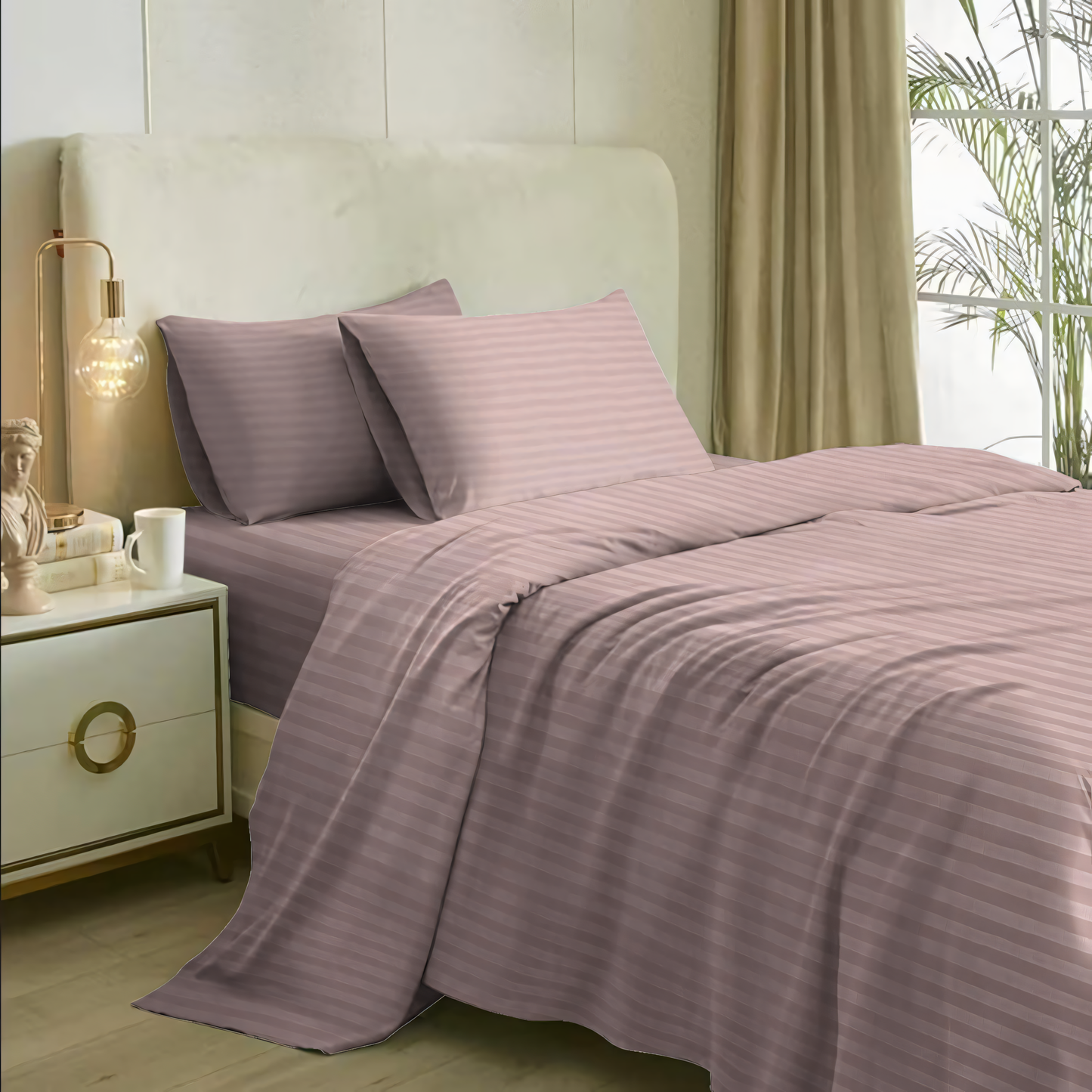Cameo Rose Stripe Design Bedsheet with Pillow Cover