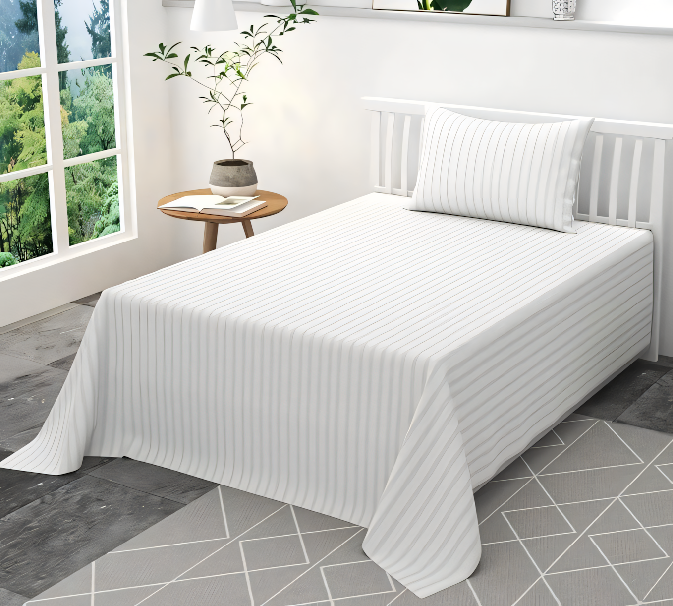 Satin Stripe 210TC White Bedsheet with Pillow Cover