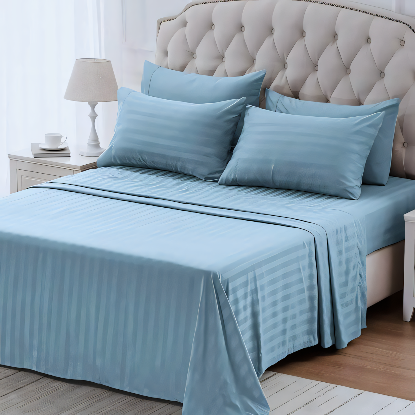 Slate Blue Stripe Design Bedsheet with Pillow Cover
