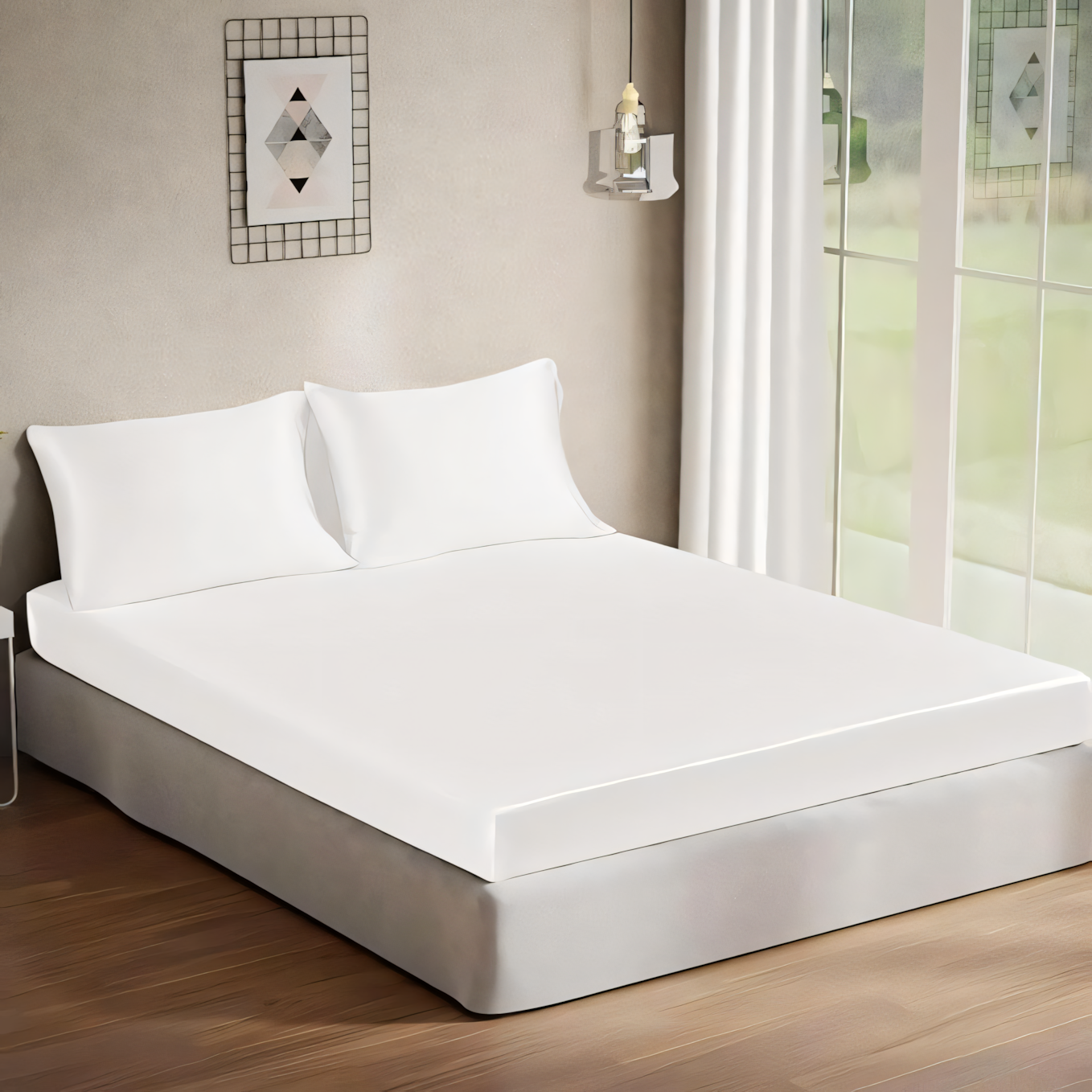 Satin Plain 400 TC White Bedsheet with Pillow Cover