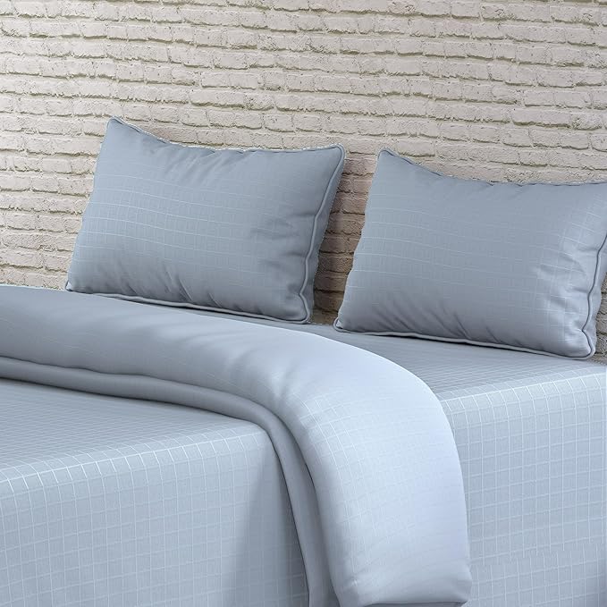 Slate Blue Window Checked Bedsheet with Pillow Cover