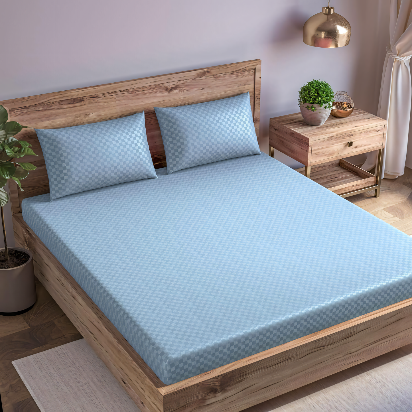 Slate Blue Dobby Checked Bedsheet with Pillow Cover