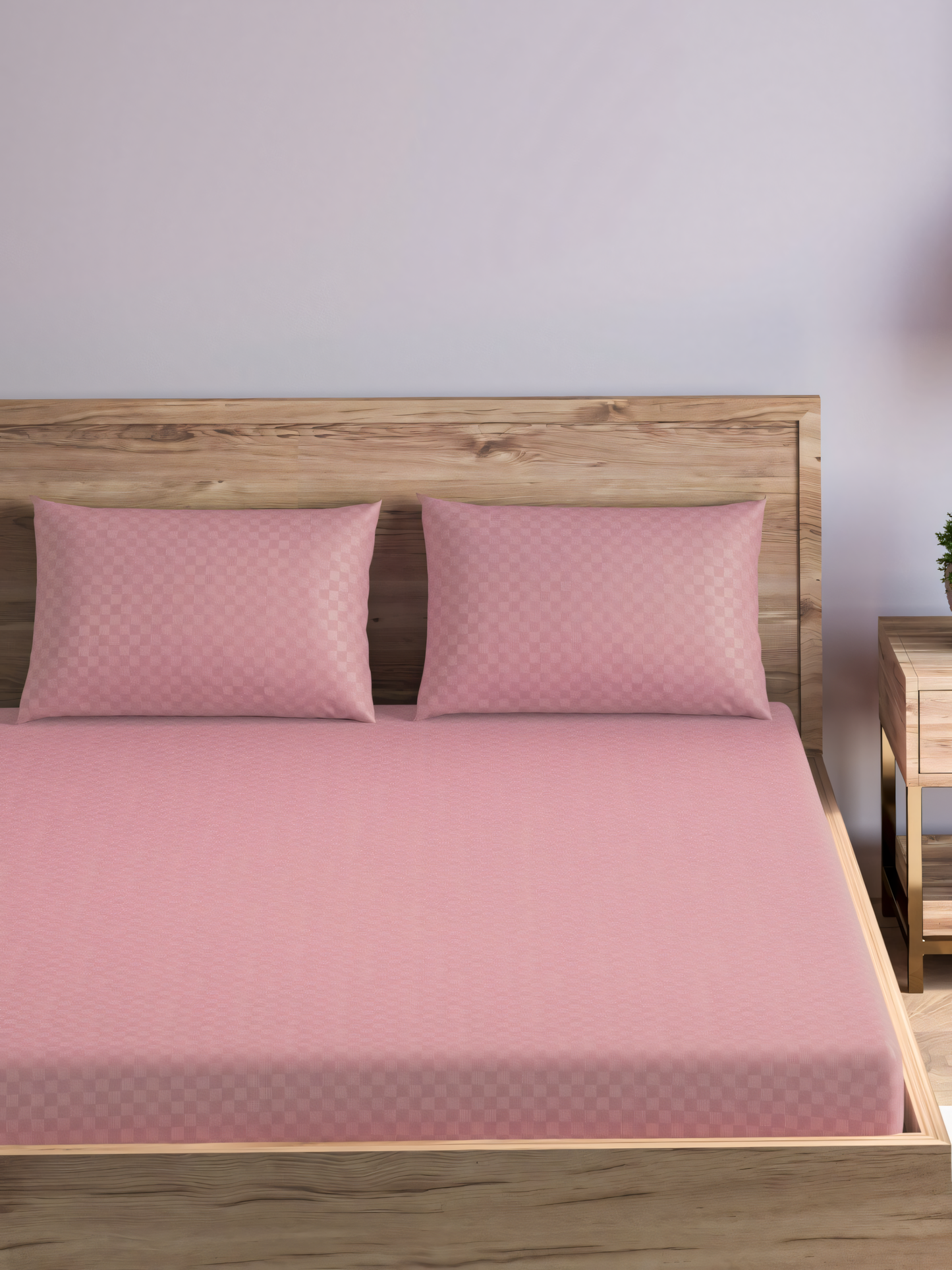 Dusty Rose Dobby Checked Bedsheet with Pillow Cover
