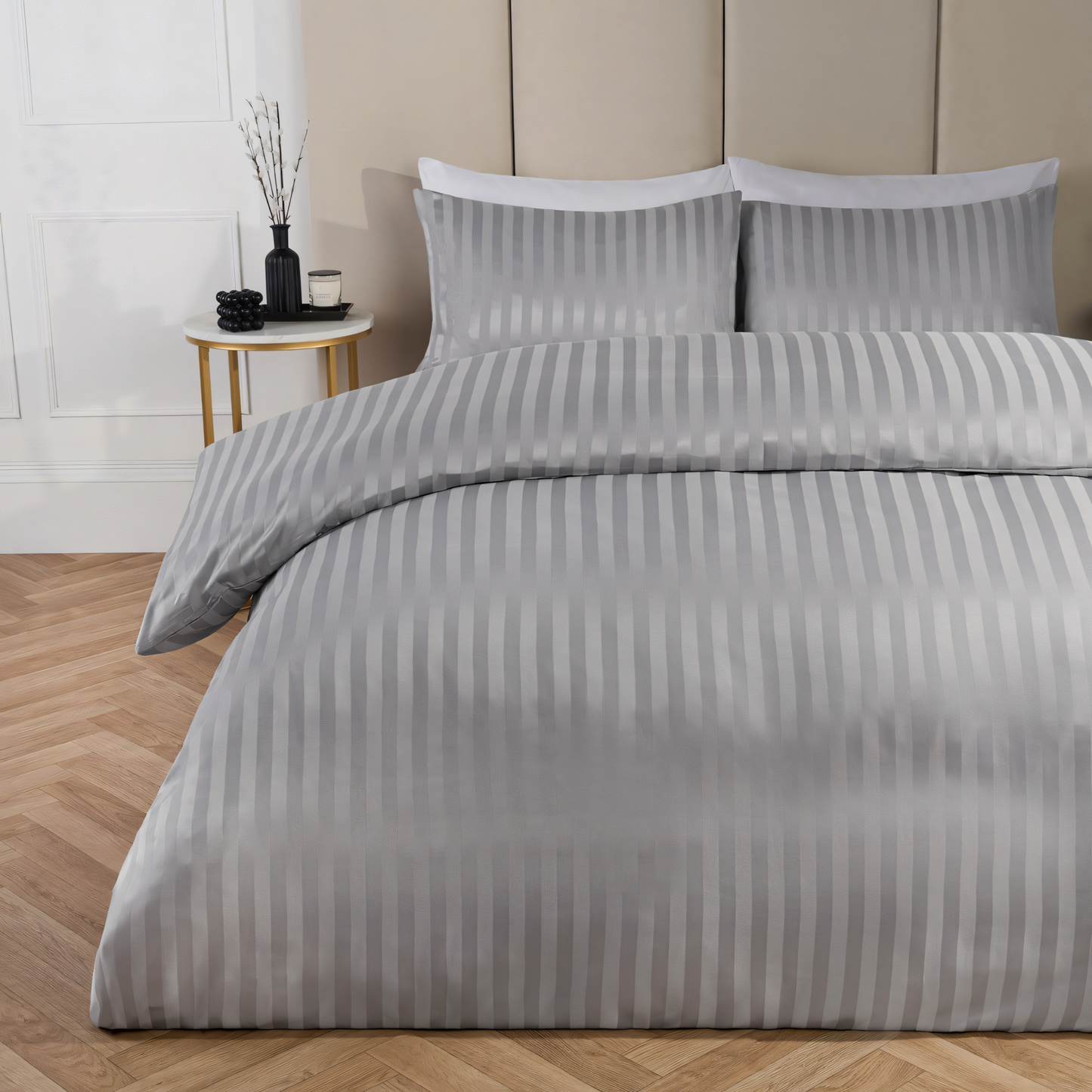 Silver Grey Stripe Design Bedsheet with Pillow Cover
