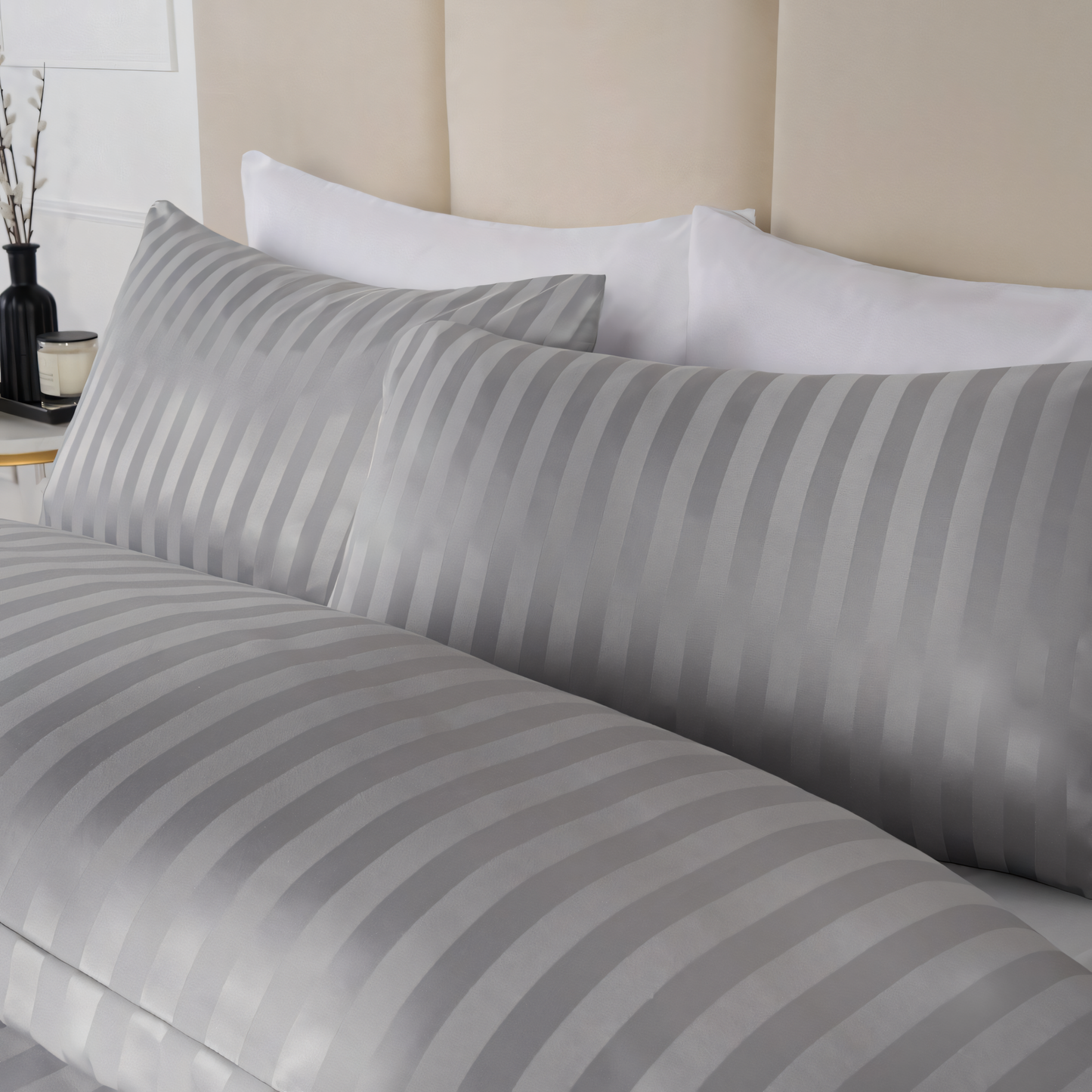 Silver Grey Stripe Design Bedsheet with Pillow Cover