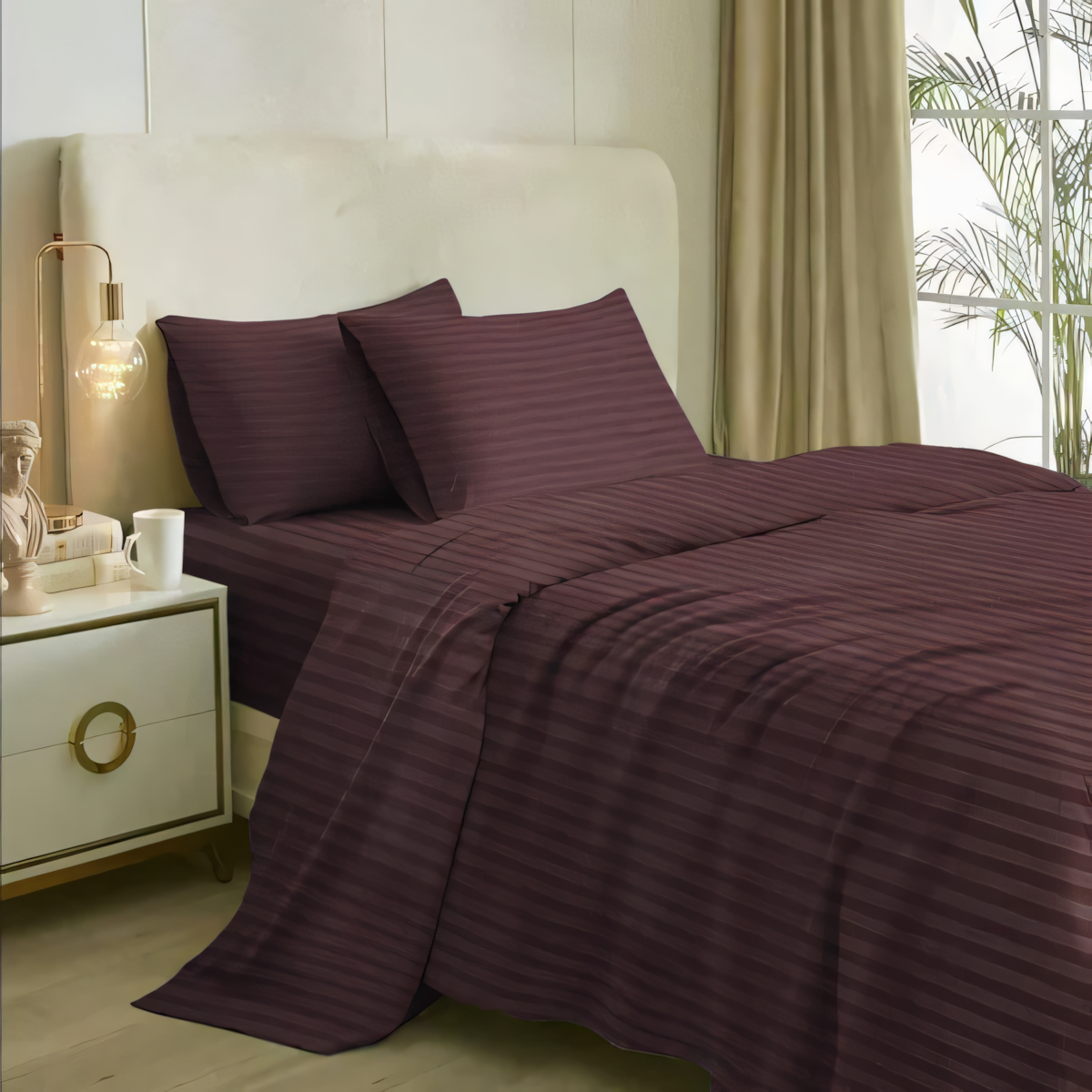 Plum Stripe Design Bedsheet with Pillow Cover